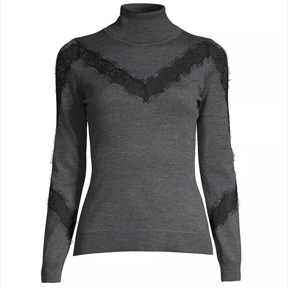 Milly Insert Lace Wool Turtleneck Sweater Size Small Chic Minimalist Holiday